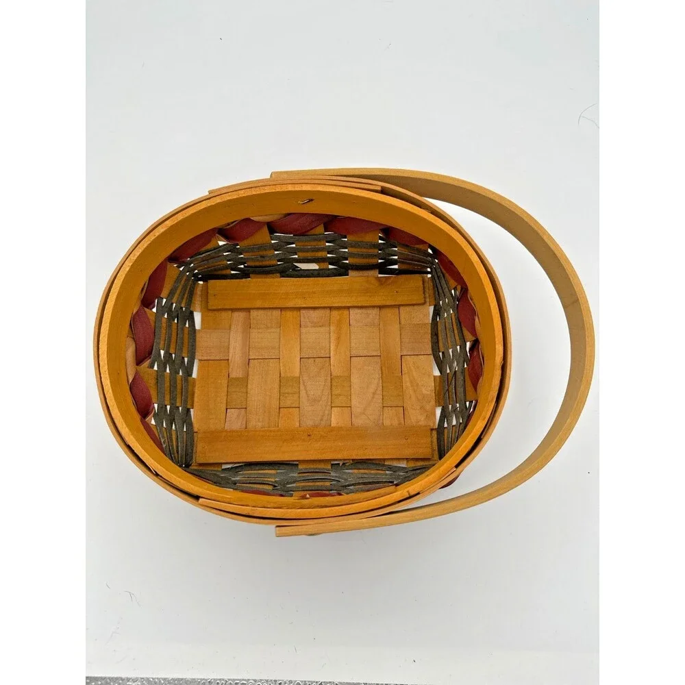 Vintage Handwoven Wood Basket‎ w/ Burgundy Ribbon Trim – 8x7 Oval Carry Basket